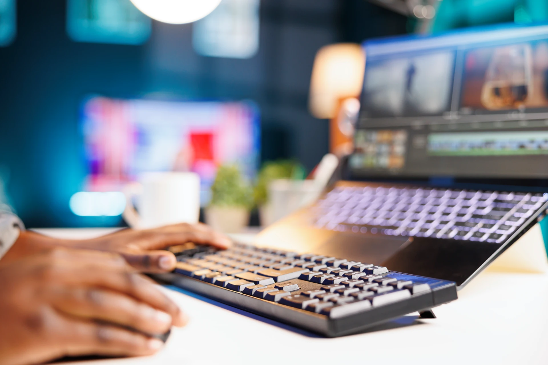 black individual edits footage laptop